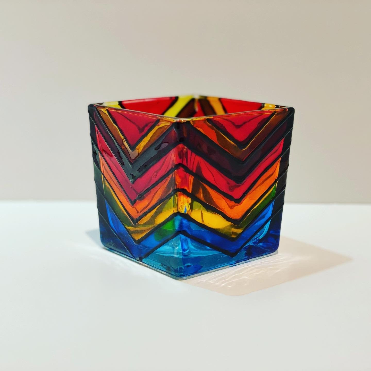Rainbow chevron painted glass cube — Glass Art Lab